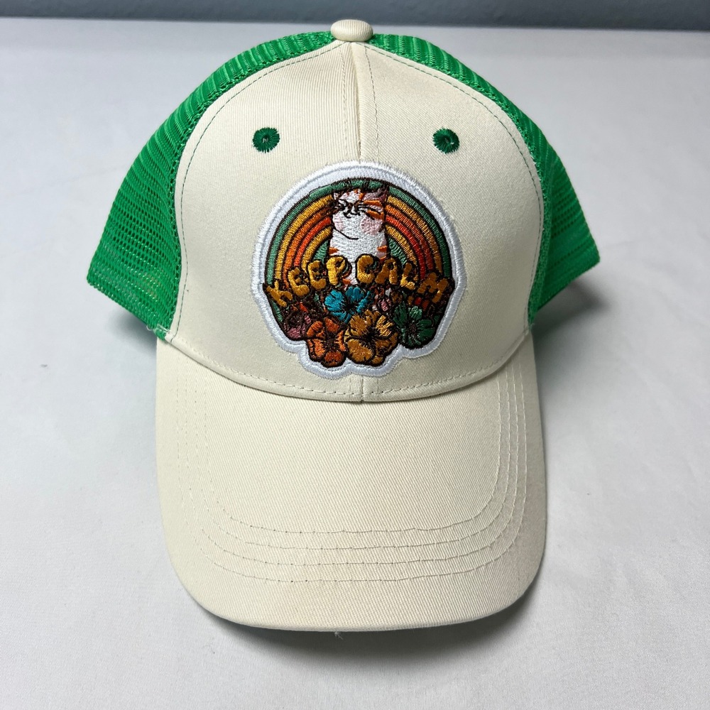 NWT Cat Lady Mellow Meow Green‎ Trucker Hat Keep Cool Rainbow Patch Adjustable